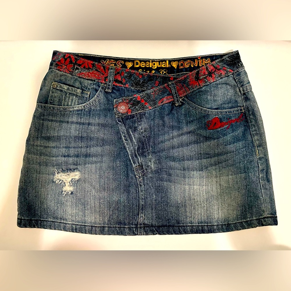 Desigual mini Jean skirt w/ fun details & asymmetrical at top